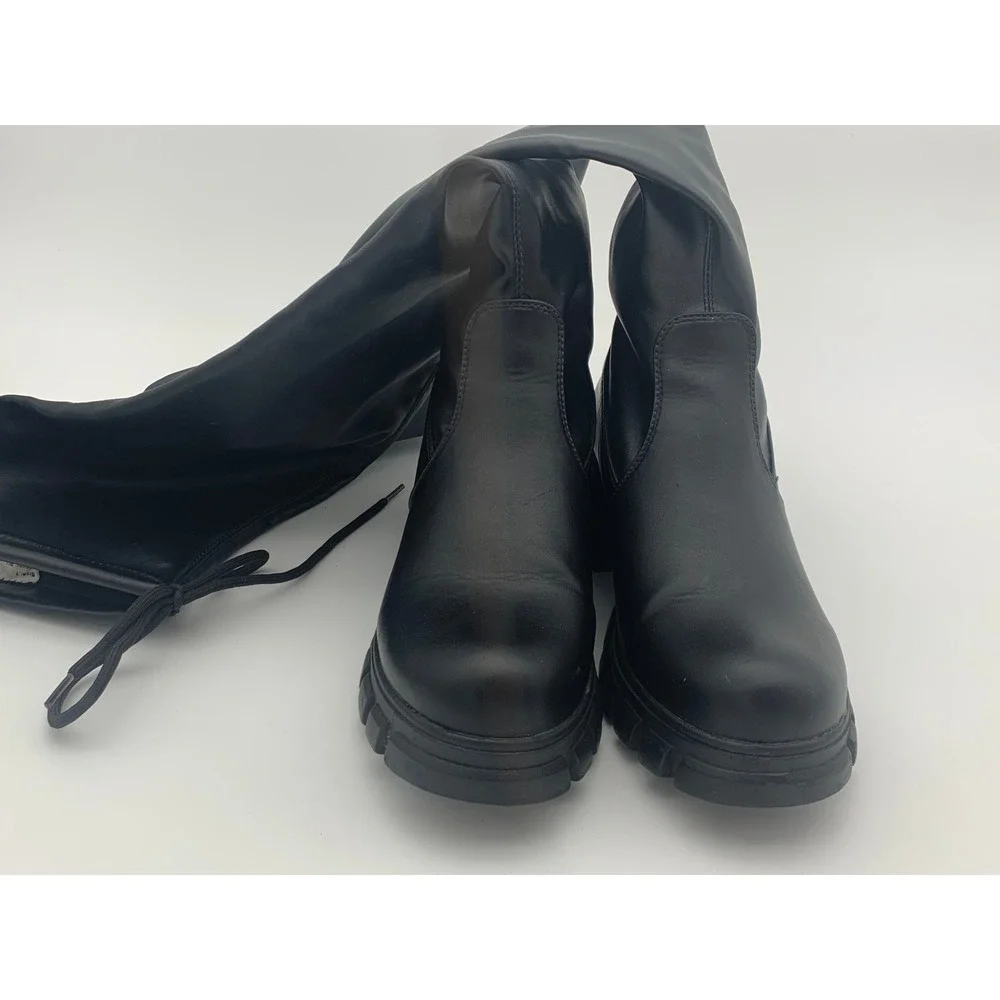 Womens Black Over The Knee‎ Lug Sole Platform Boots Chunky Heel Size 7 Tie Top